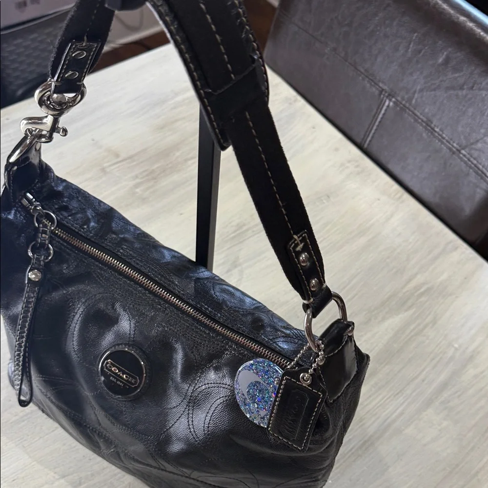 Coach Black Signature Stripe Stitched Leather Hobo Bag with Silver Accents
